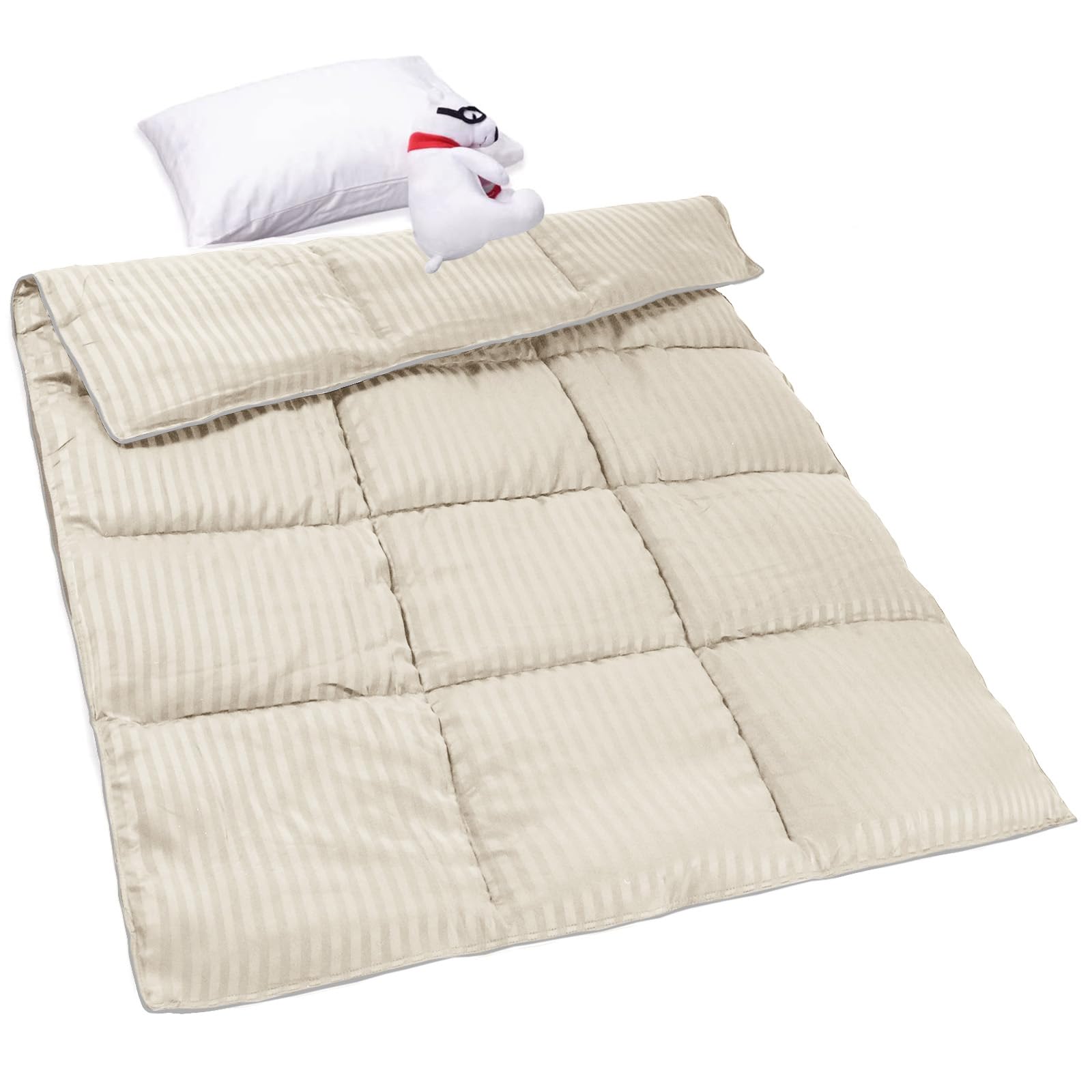 ZPECC Toddler Down Alternative Comforter cream stripe folded for cozy bedtime warmth.