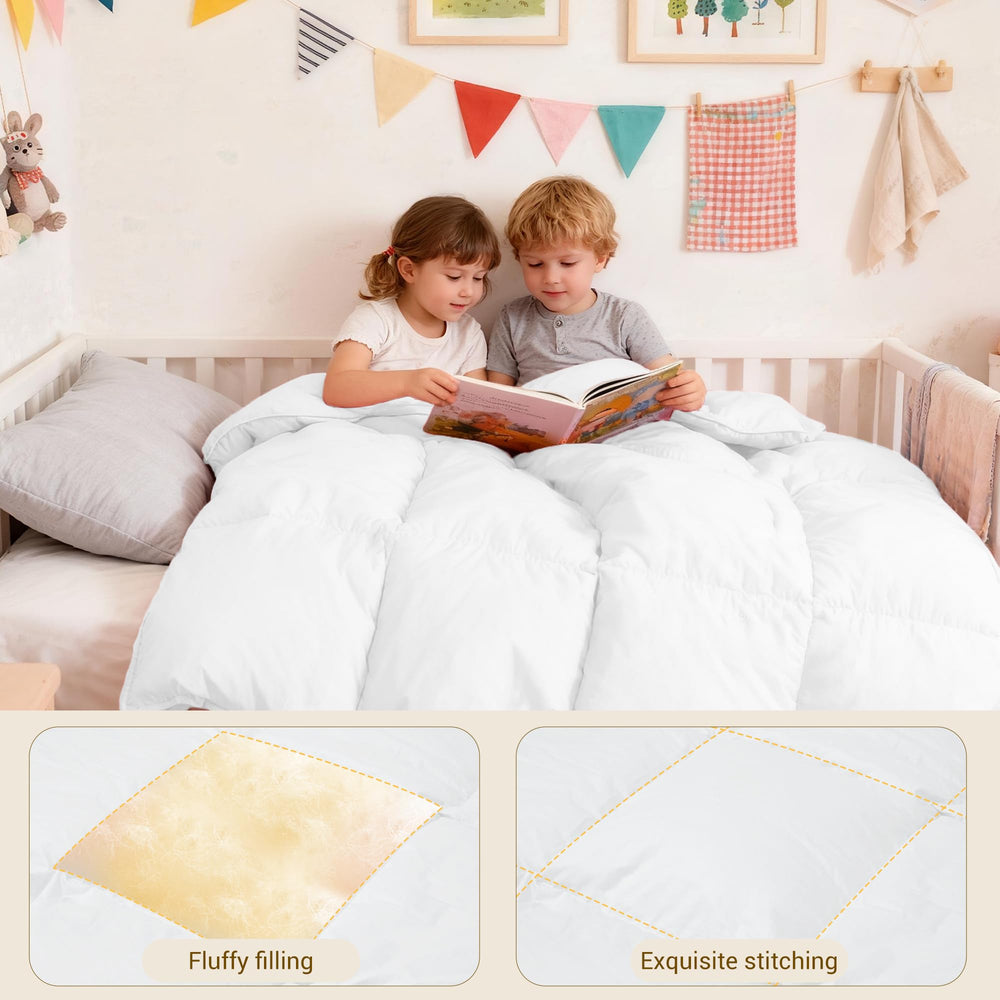 ZPECC Toddler Goose Down Comforter close-up shows breathable, odorless shell fabric quality