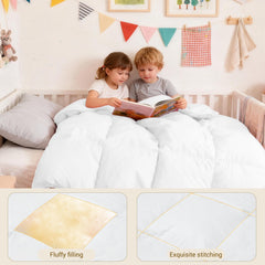 ZPECC Toddler Goose Down Comforter close-up shows breathable, odorless shell fabric quality