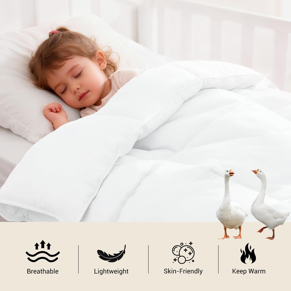 ZPECC Toddler Goose Down Comforter crib nap scene highlights hypoallergenic skin-friendly warmth