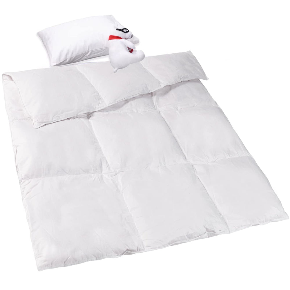 ZPECC Toddler Goose Down Comforter flatlay shows premium materials for all-season warmth