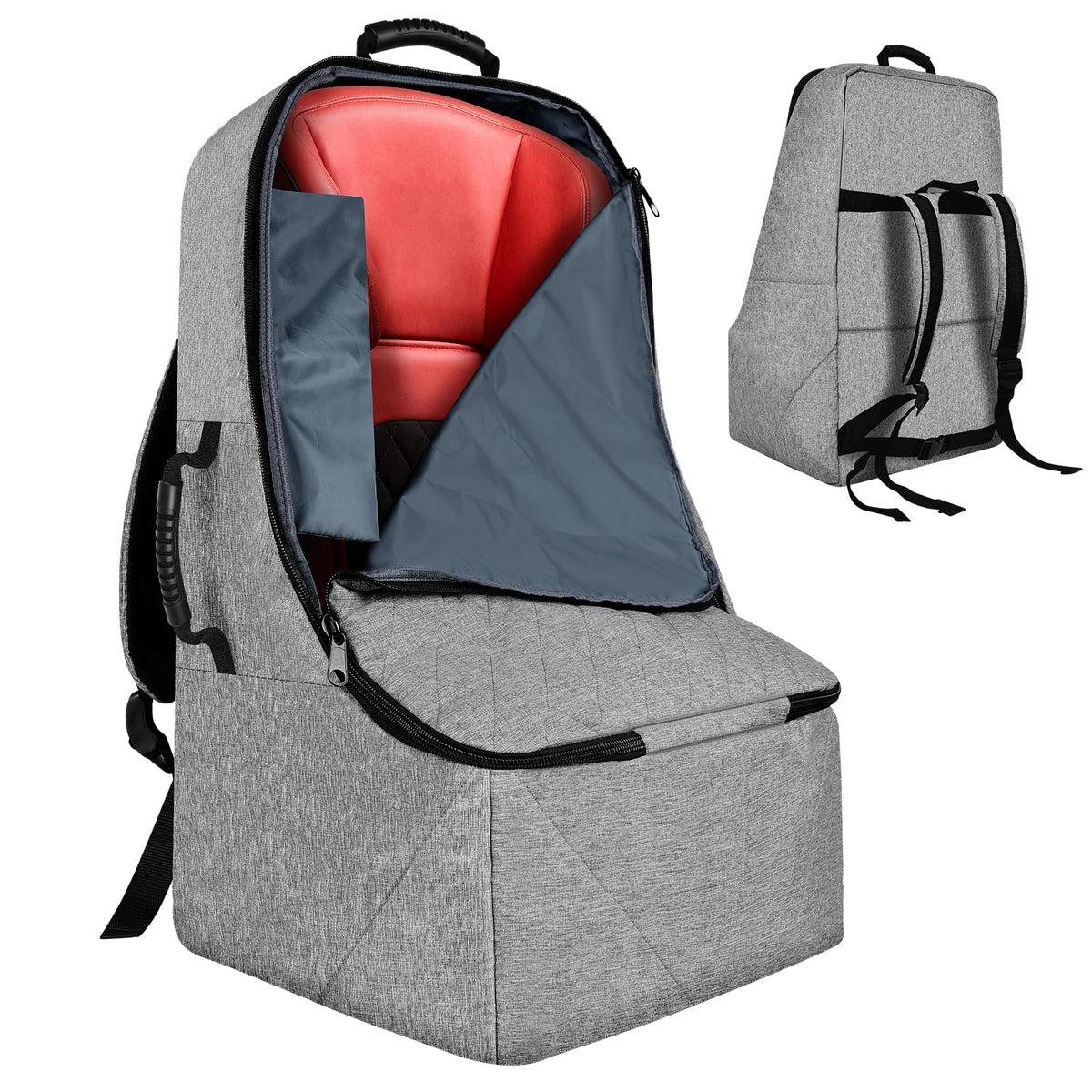 ZRRAJOY car seat travel bag grey front view highlights easy access and travel convenience.