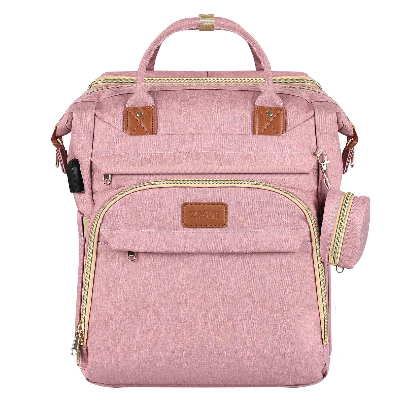 ZRSUN diaper bag backpack fold-out crib for on-the-go naps and changes.
