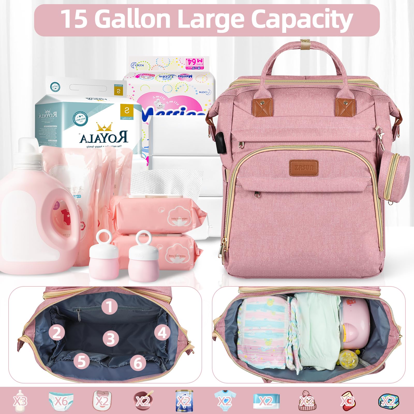 ZRSUN diaper bag backpack insulated bottle holders keep feeds organized during outings.