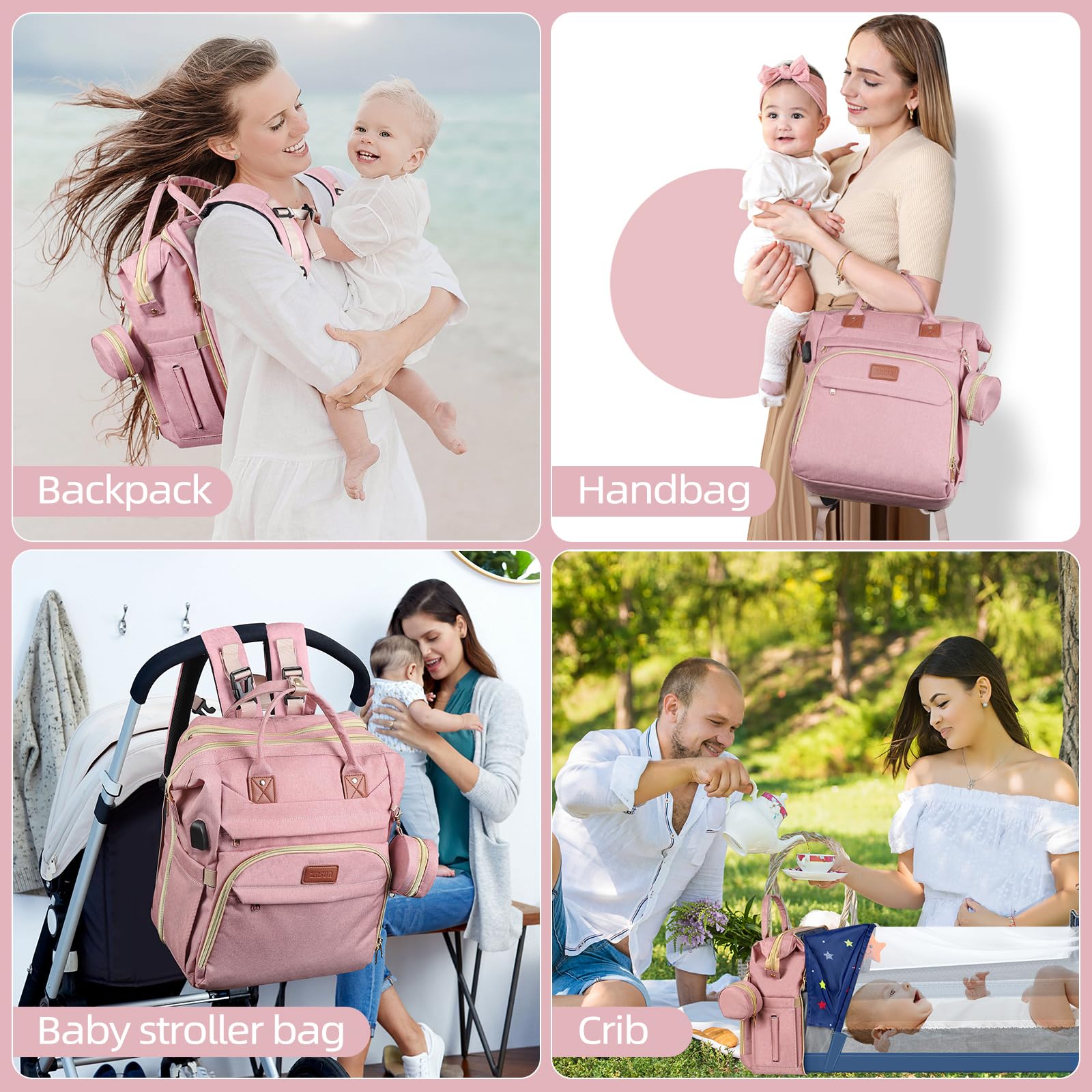 ZRSUN diaper bag backpack stroller hooks and side pockets for quick bottle access.