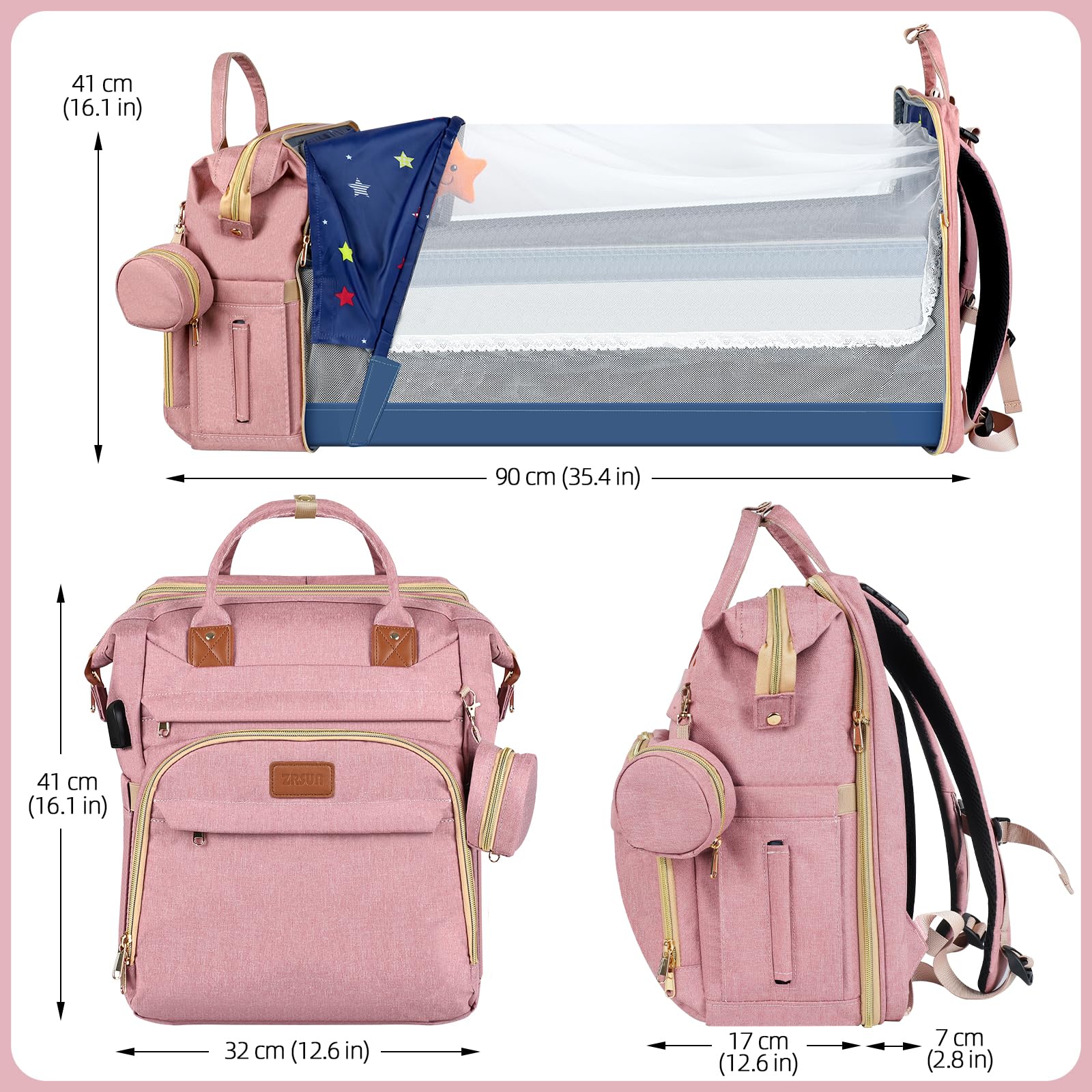 ZRSUN diaper bag backpack travel-ready setup with straps and hooks for easy packing.