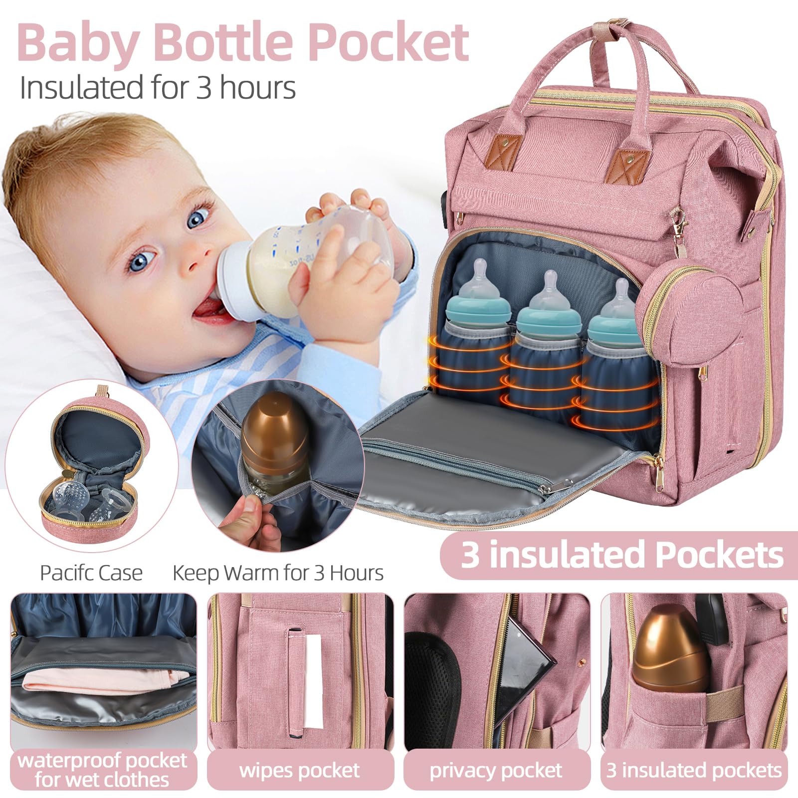 ZRSUN diaper bag backpack USB port enables convenient device charging while traveling.