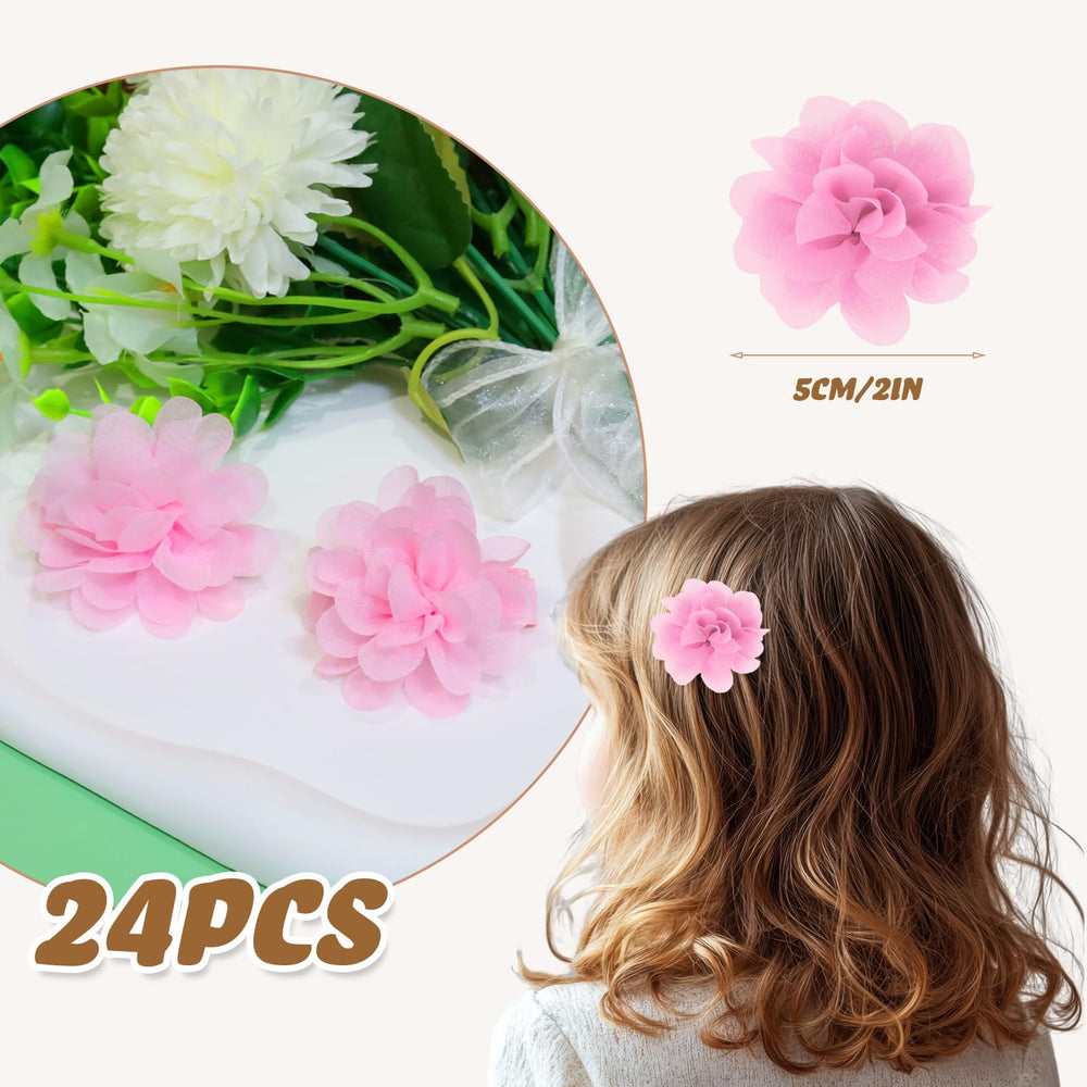 ZSCCXQ 24pcs chiffon flower clips pink side view showcases secure, gentle grip on fine hair.
