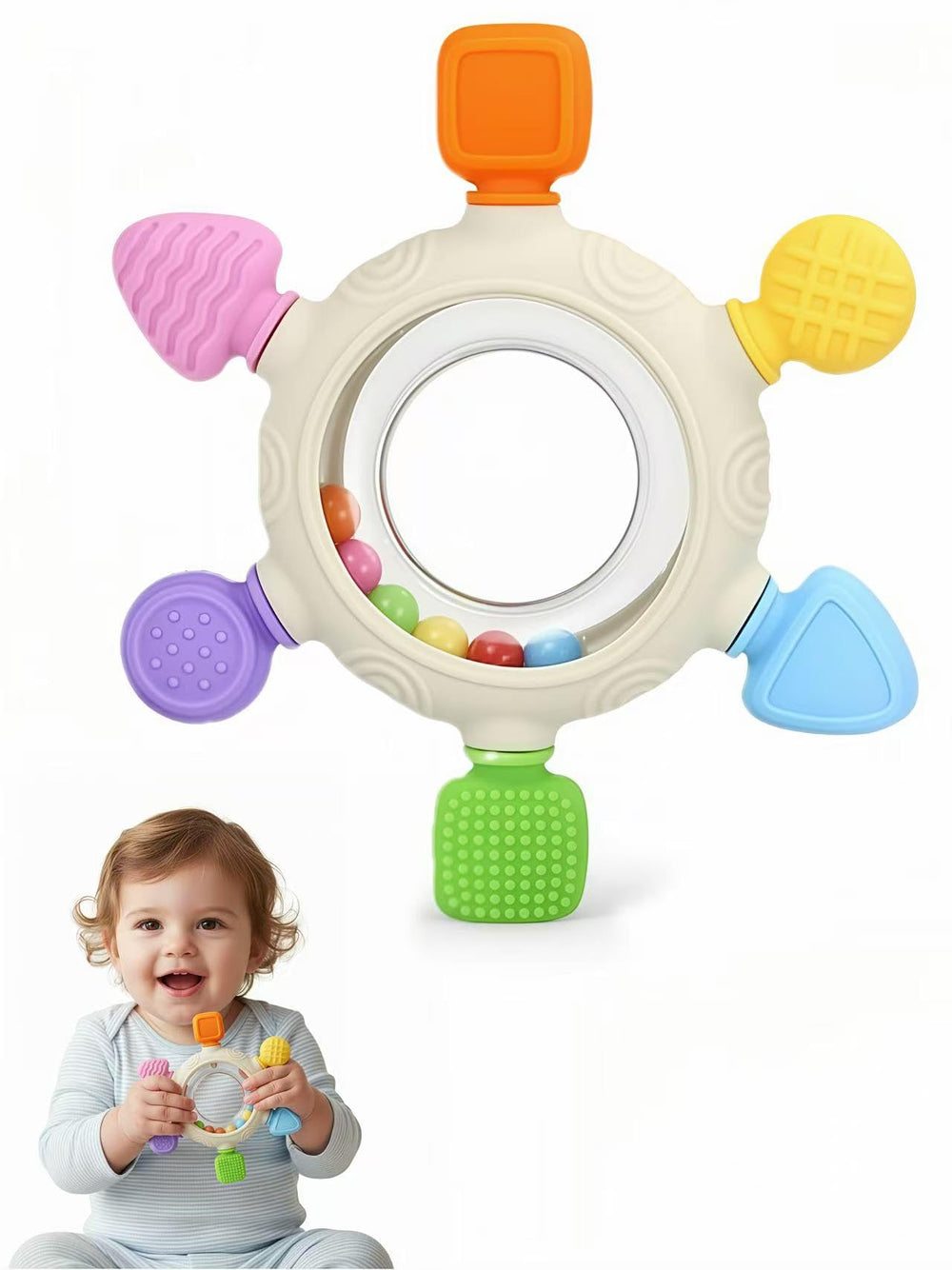 ZSKXYRUS silicone teething ring remote front view with colorful buttons for baby sensory play