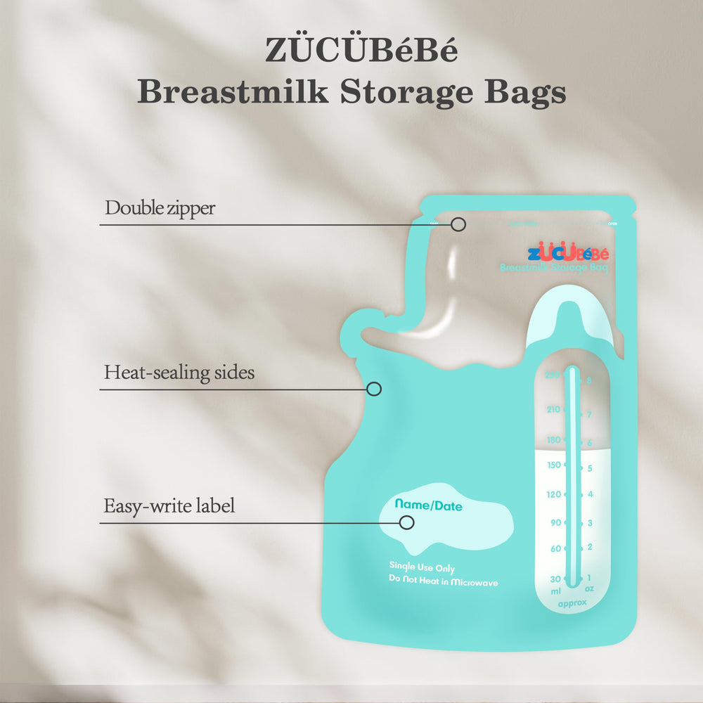 Zuccubebe breastmilk bags pour-spout designed for neat transfer.