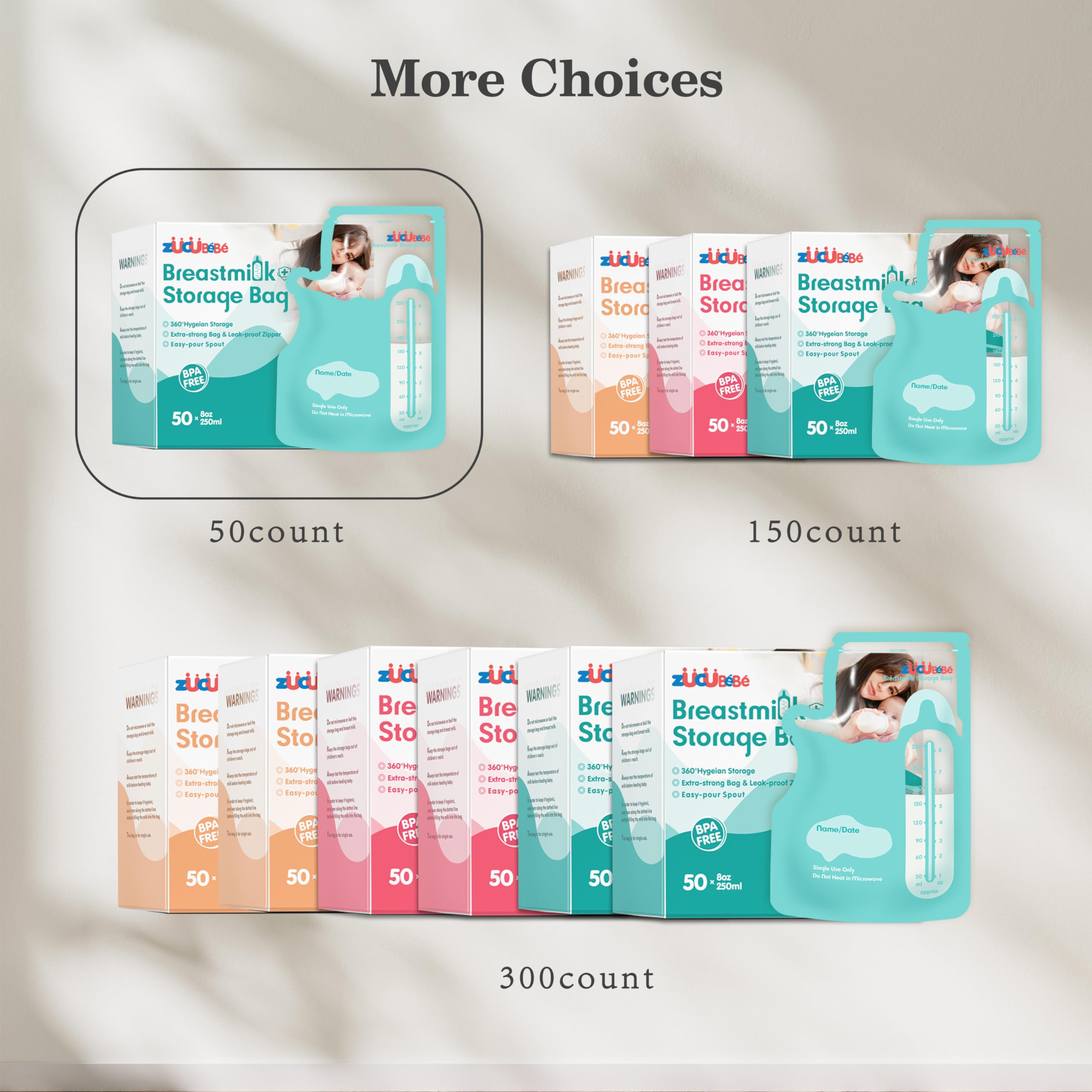 Zuccubebe breastmilk bags stand or flat for flexible storage.