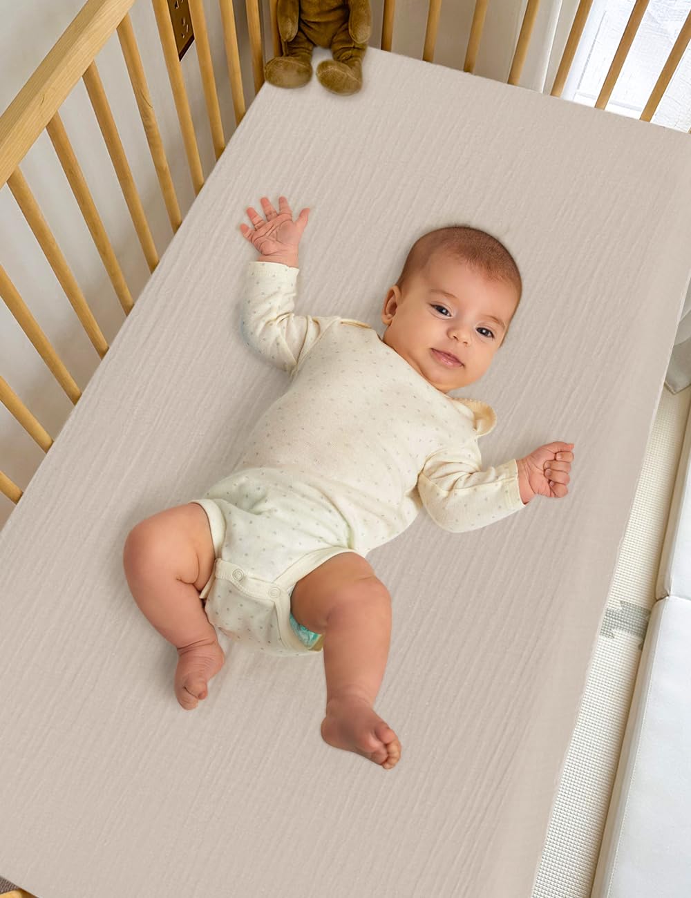ZURLEFY Khaki Pack-N-Play sheets machine washable for easy nursery care.