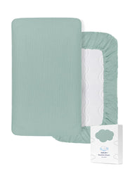 ZURLEFY light-blue bassinet sheet closeup reveals soft muslin fabric for gentle sleep.
