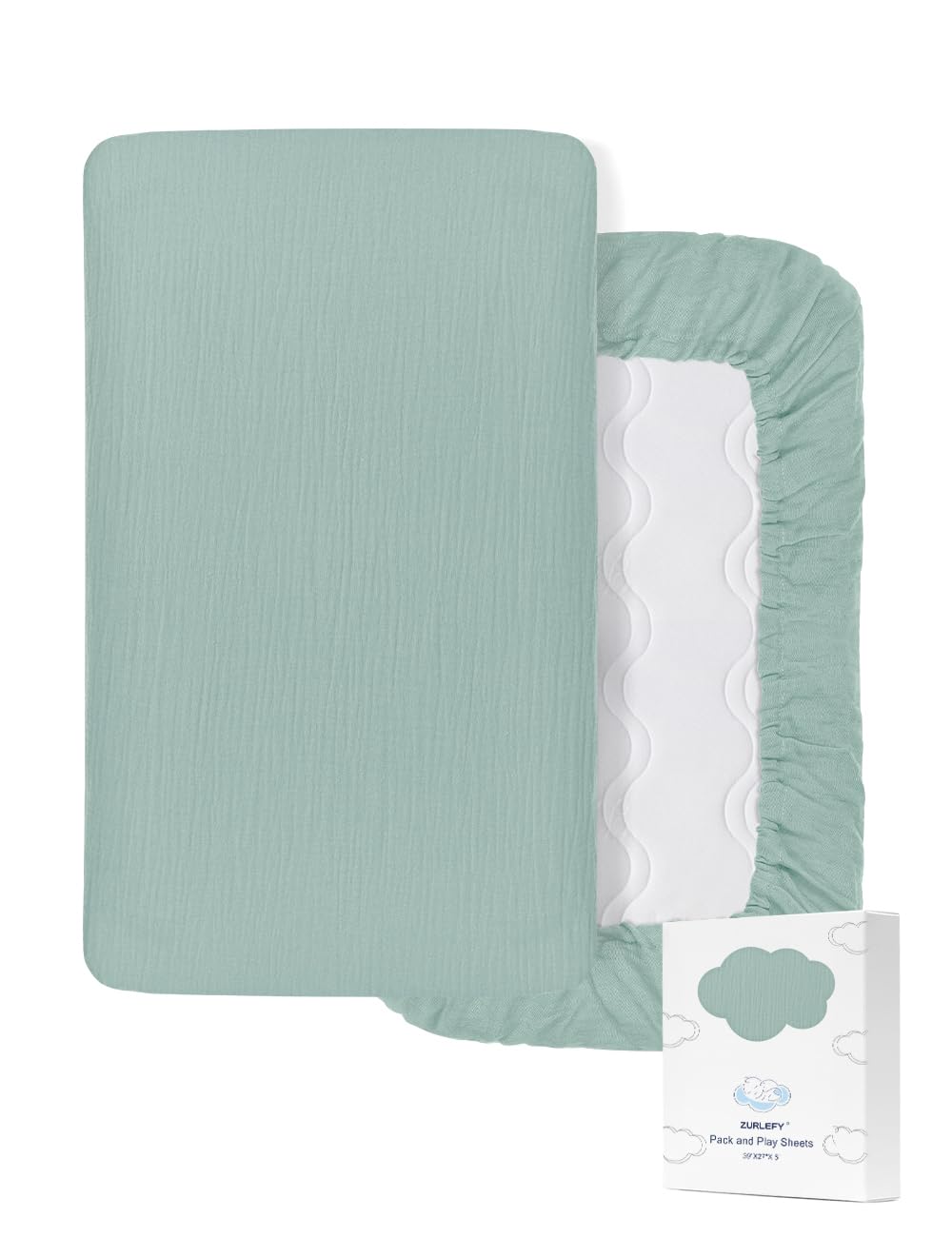 Zurlefy light blue small pack and play sheets setup showing snug fit on 39x27 mattress.