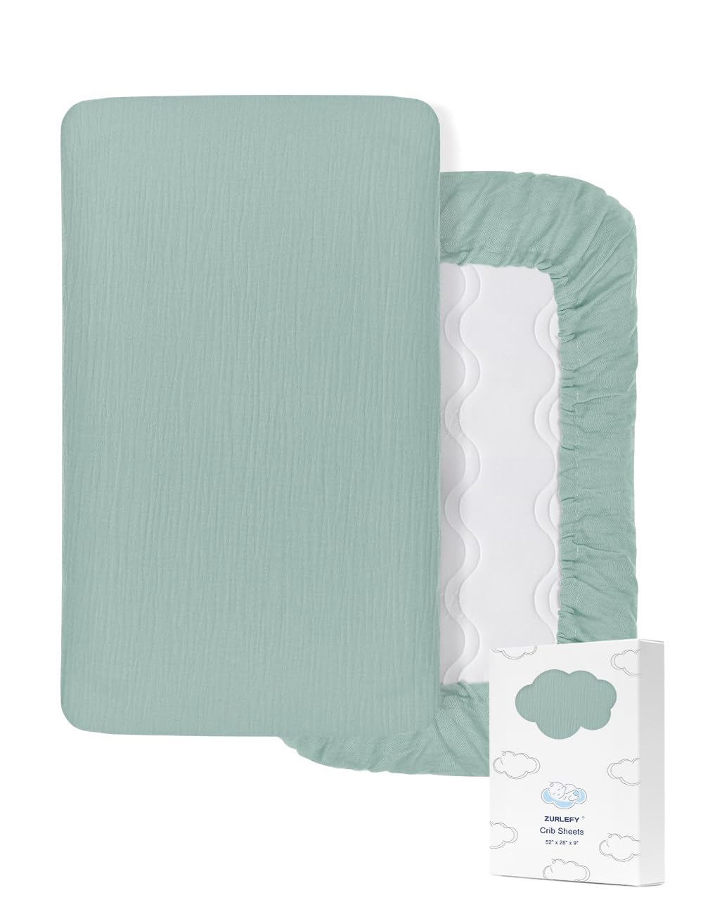 ZURLEFY muslin crib sheet in light blue shows soft-touch fabric for baby comfort.