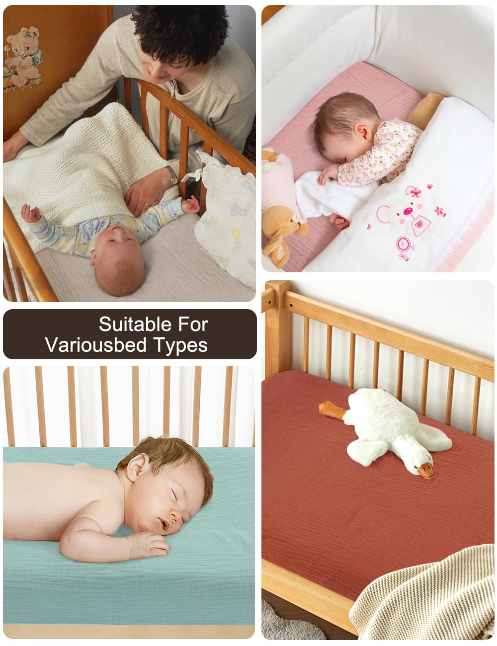 ZURLEFY muslin crib sheet fits standard 52x28 crib mattresses securely.