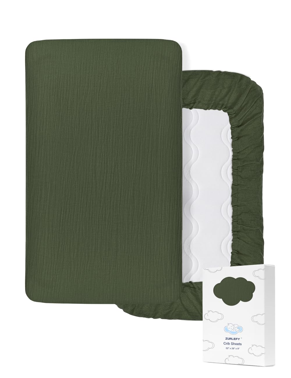 ZURLEFY olive green baby crib sheet flat view—soft cotton for gentle sleep