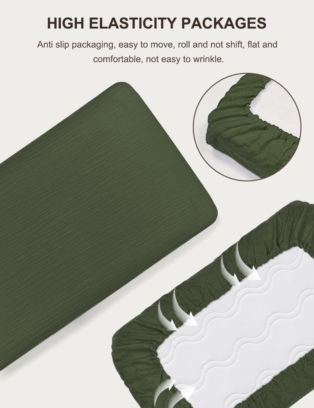 ZURLEFY olive green muslin fabric close-up—breathable, gentle on skin