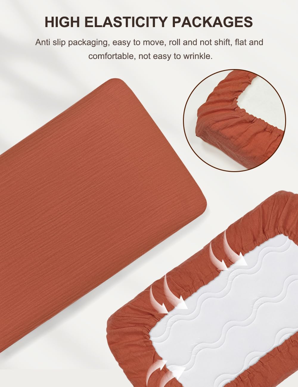 ZURLEFY Rust pack and play sheets highlighting breathable fabric for warm naps.