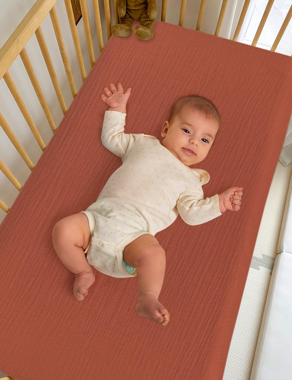 ZURLEFY Rust pack and play sheets showcasing machine washable care for busy parents.