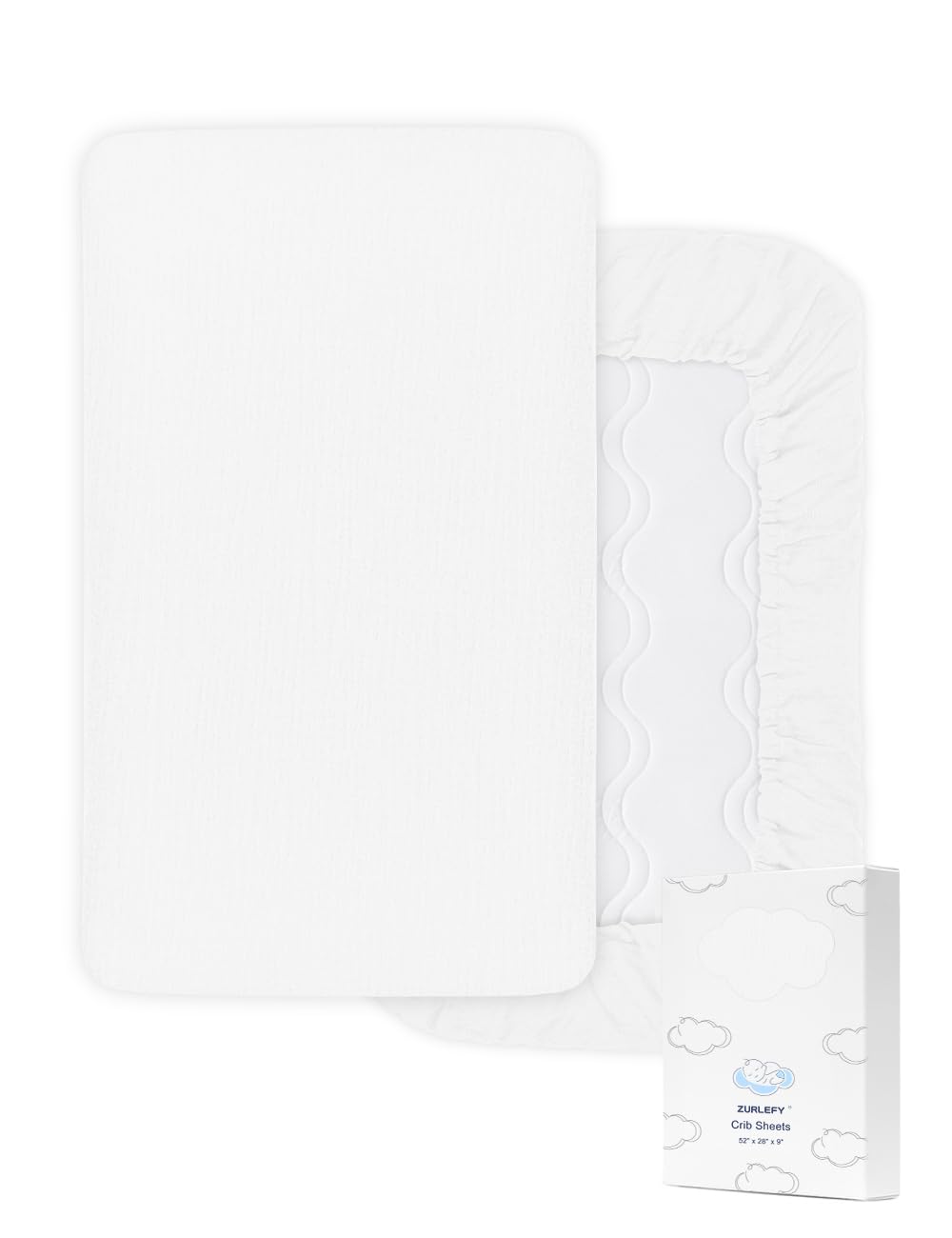 ZURLEFY white crib sheets flat lay showing soft breathable cotton surface for baby comfort