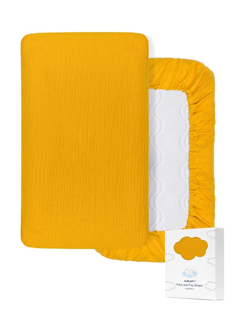 Zurlefy yellow muslin pack-n-play sheet folded, showcasing soft fabric