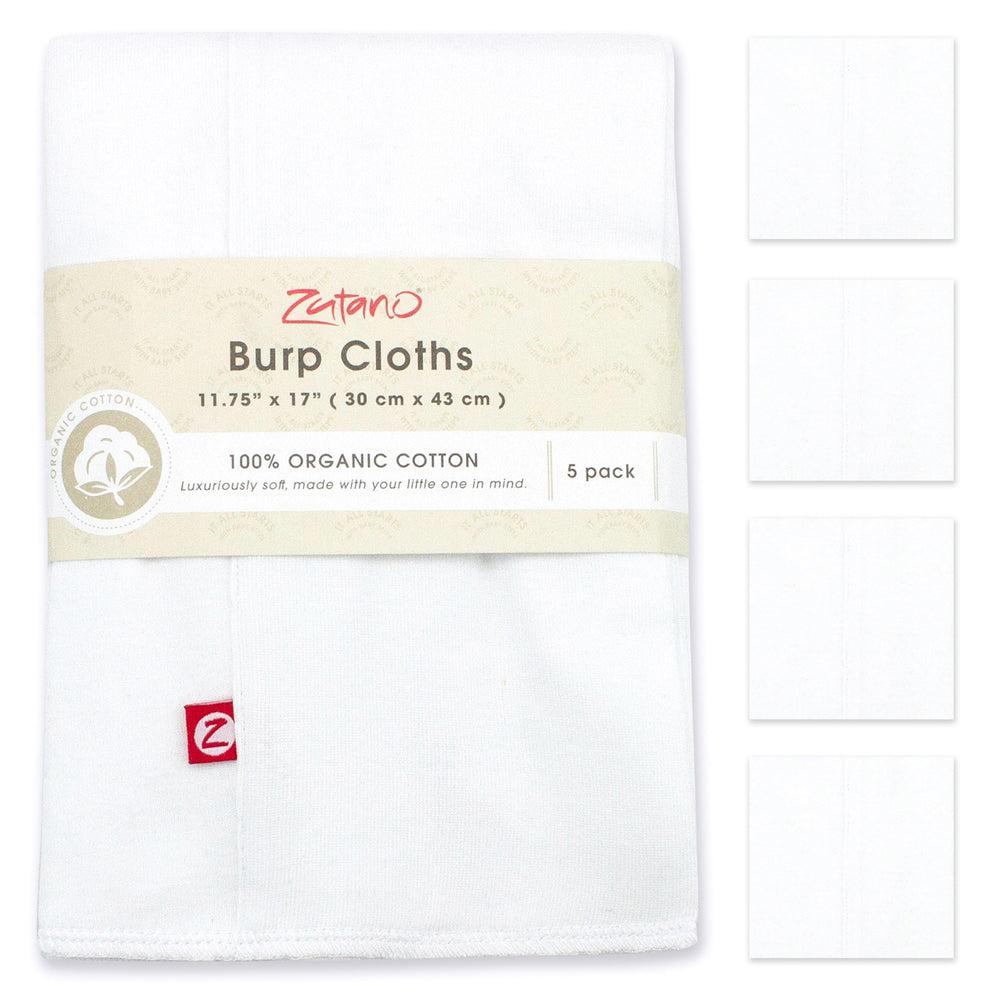 Zutano organic burp cloths folded-trifold design for compact travel mess management.