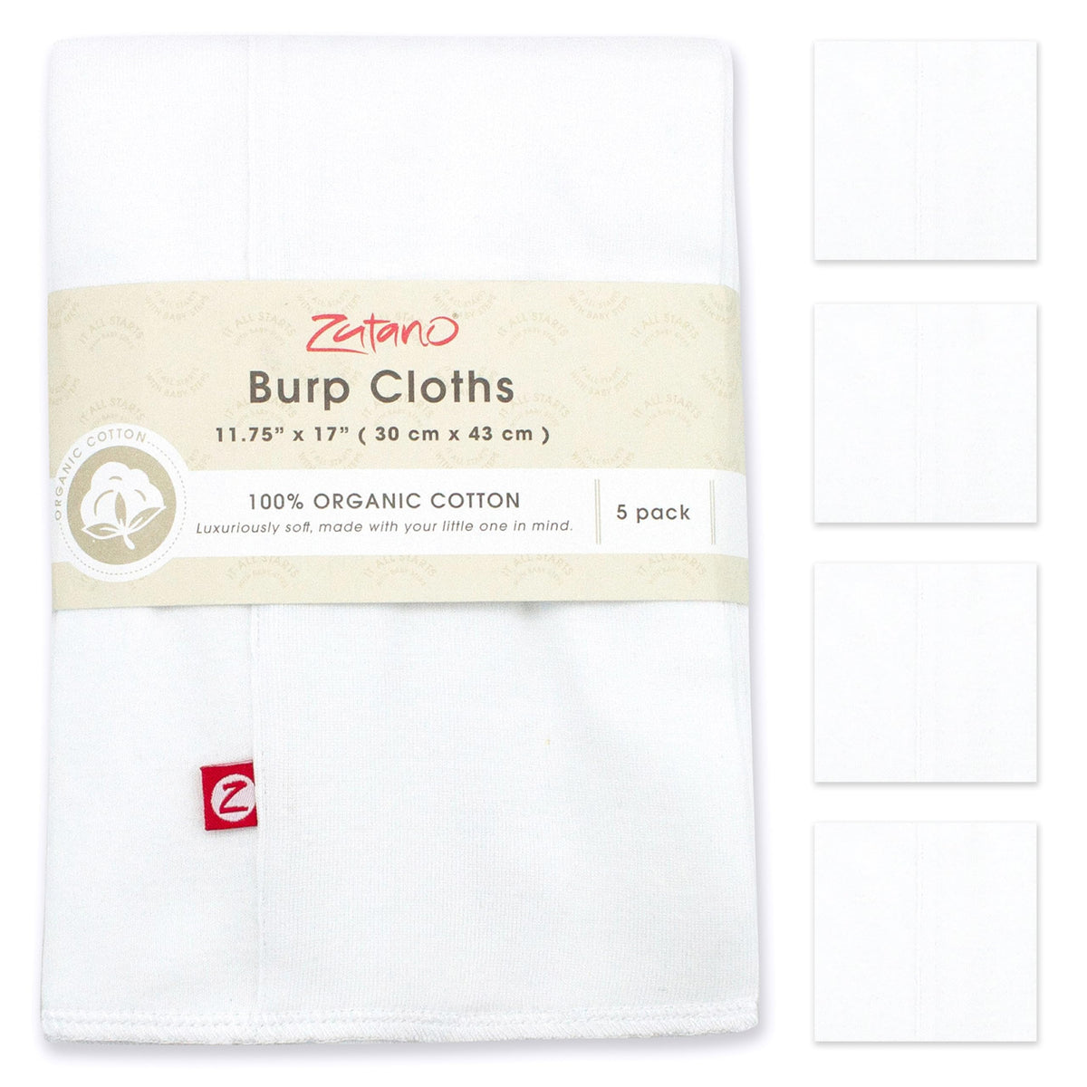 Zutano organic burp cloths folded-trifold design for compact travel mess management.