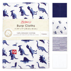 Zutano Dino Party burp cloth folded tri-fold for travel spill protection.
