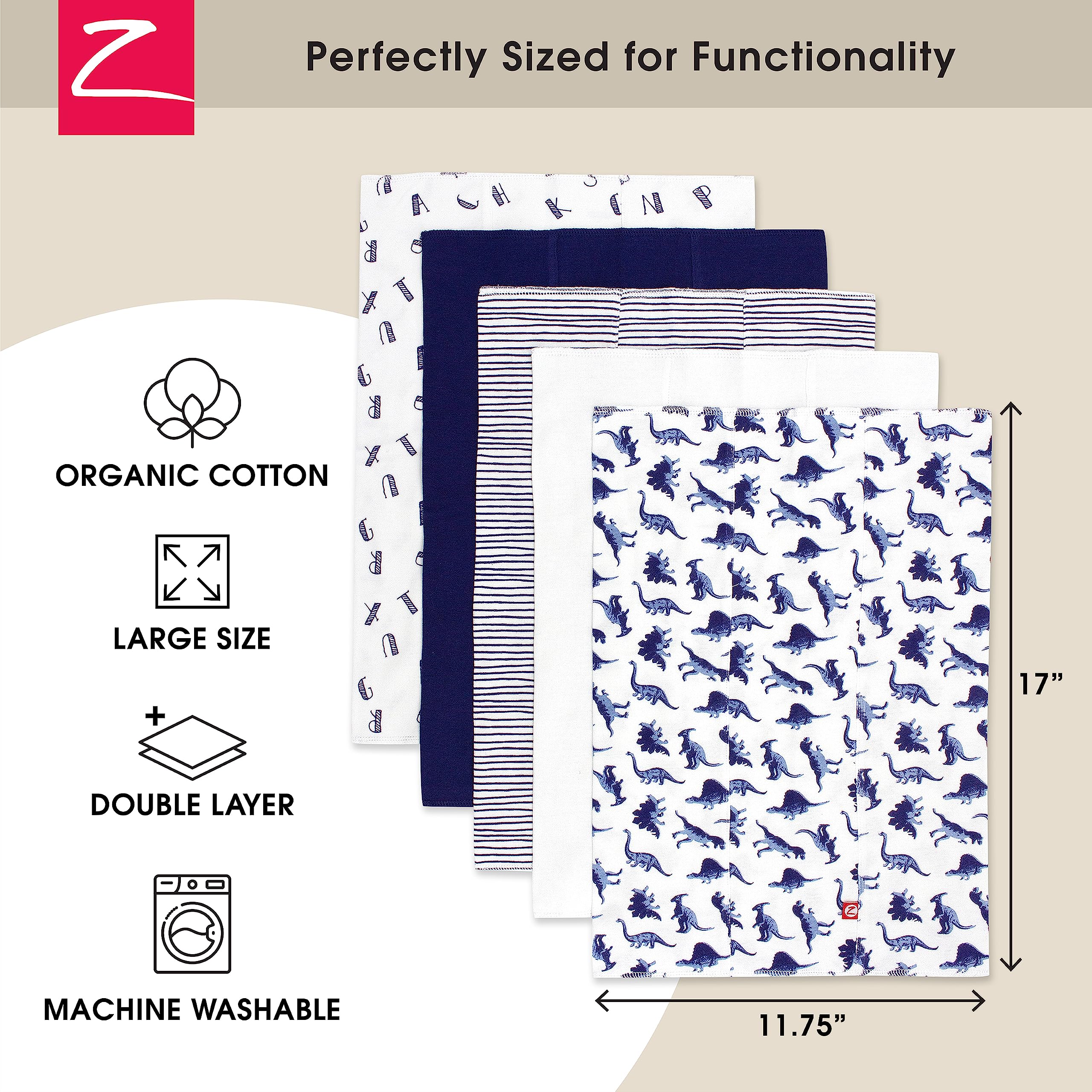 Zutano Dino Party burp cloth open shows two absorbent layers and softness.