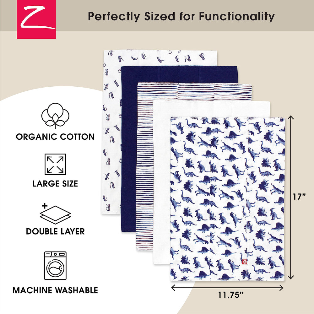 Zutano Dino Party burp cloth open shows two absorbent layers and softness.