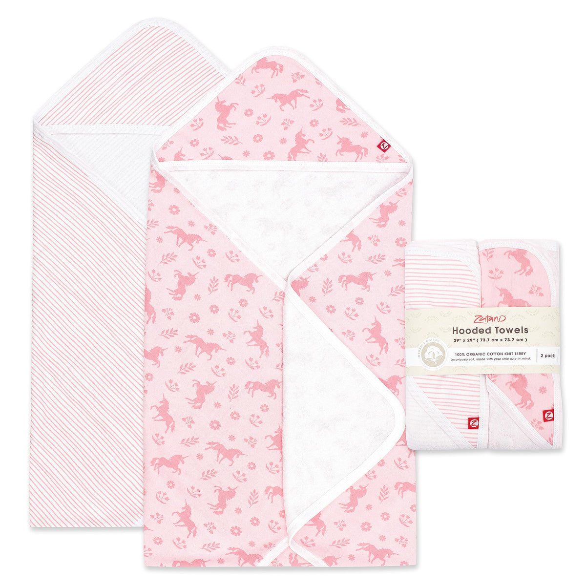 Zutano Unicorn Meadows hooded towel keeps baby warm after bath.