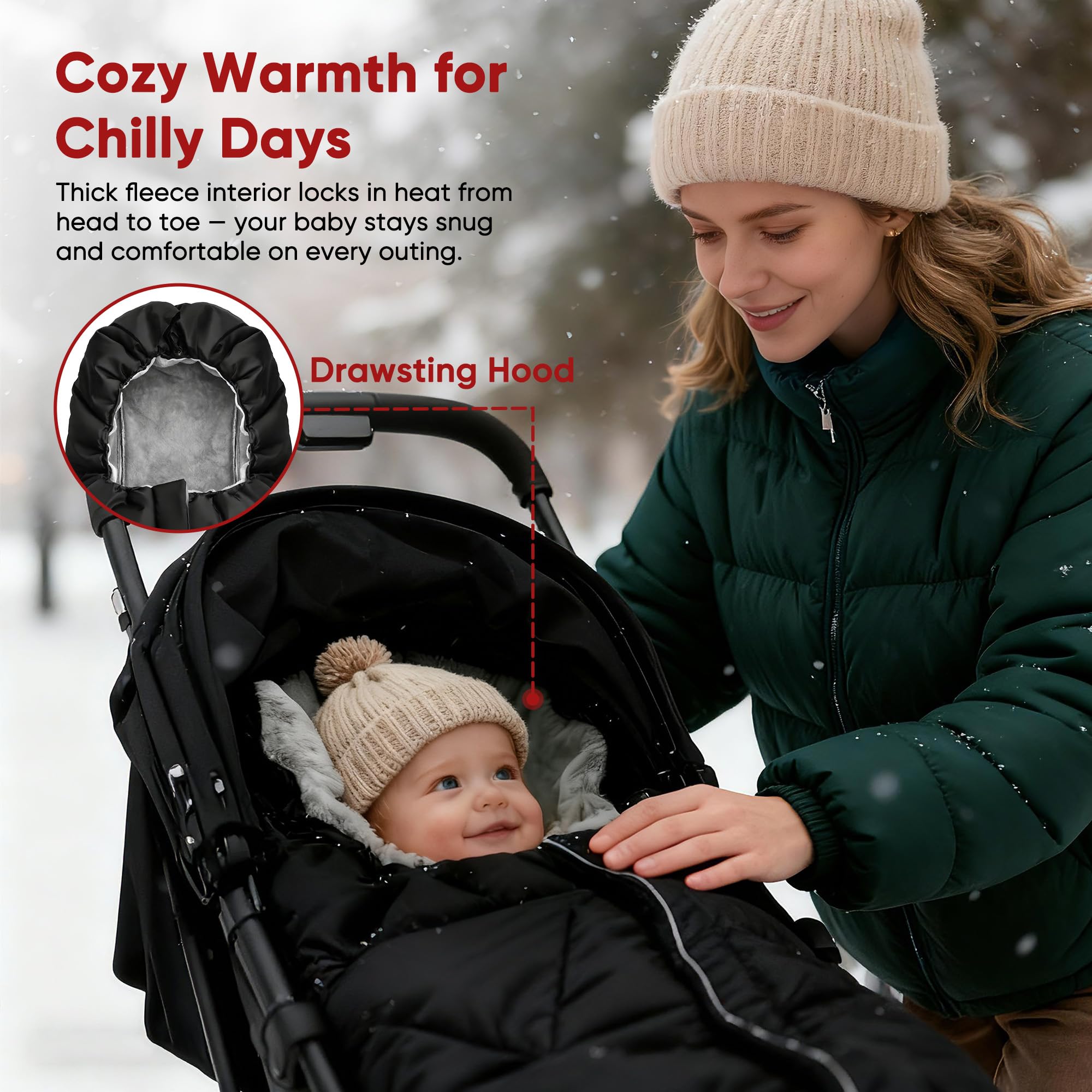 ZUTESU stroller footmuff showing full-length zipper for quick in-and-out access.