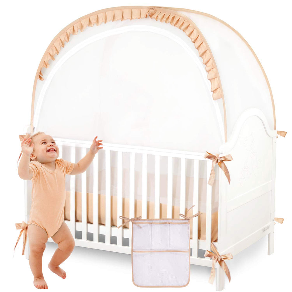 ZXPLO Baby Safety Crib Tent beige netting keeps baby cozy and safe