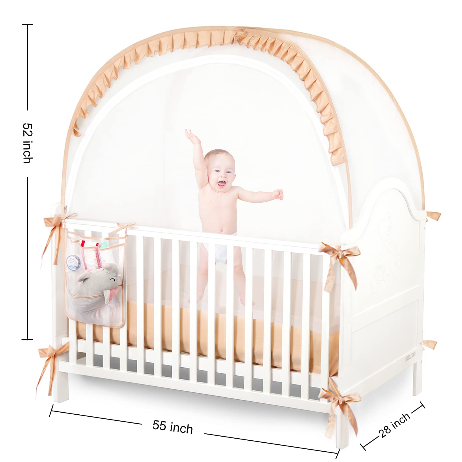 ZXPLO Crib Tent with hanging diaper storage bag for easy diapering