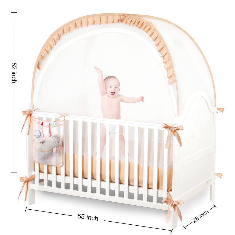 ZXPLO Crib Tent with hanging diaper storage bag for easy diapering