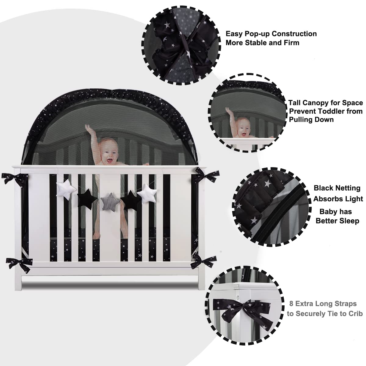 ZXPLO Safety Crib Tent installed in crib demonstrates quick tool-free setup.
