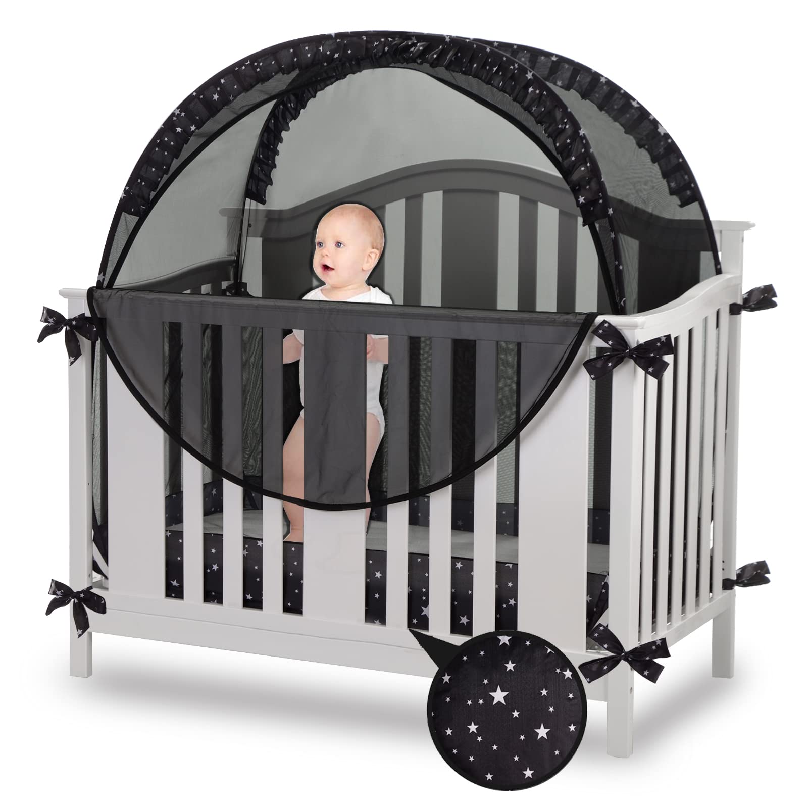 ZXPLO Safety Crib Tent mesh closeup in black shows breathable protection.