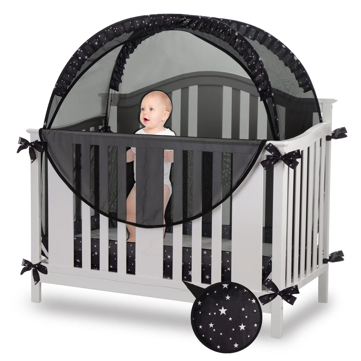 ZXPLO Safety Crib Tent mesh closeup in black shows breathable protection.