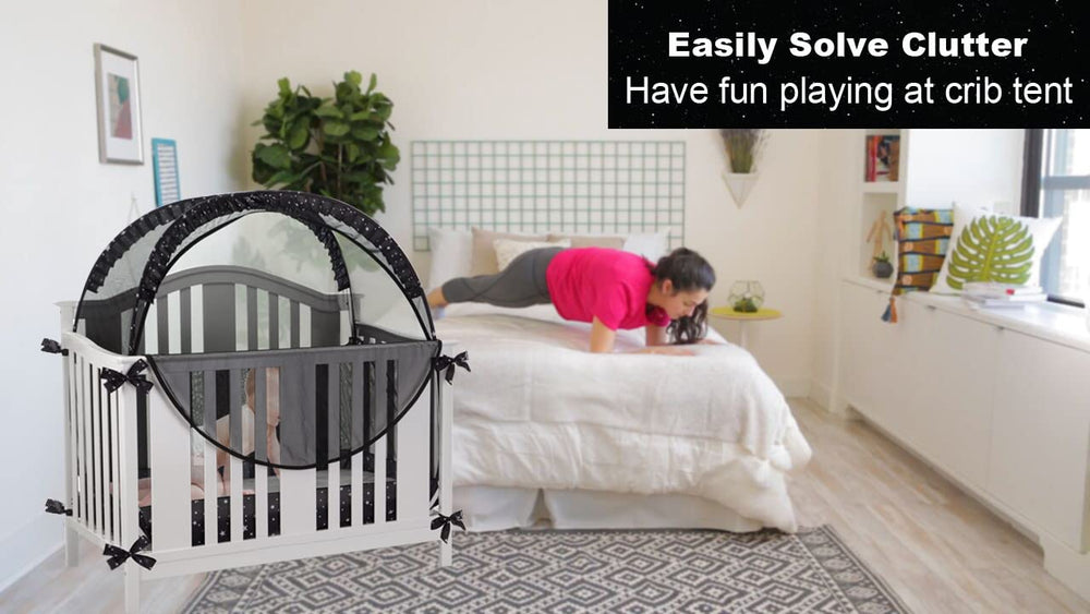 ZXPLO Safety Crib Tent black finish blends with nursery decor.