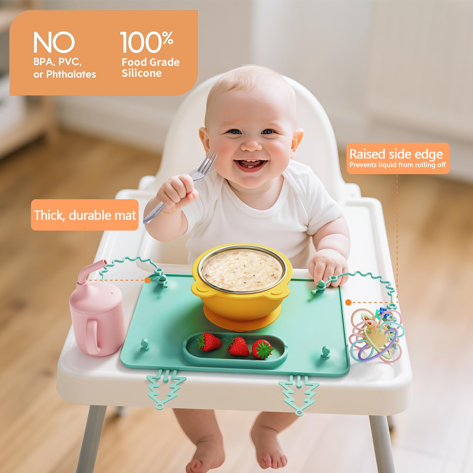 ZYATKSML food-grade silicone material highlights BPA-free safety for kids’ meals.