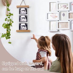 Zyeco wood ultrasound frame shows Love at First Time on fridge for cherished memories