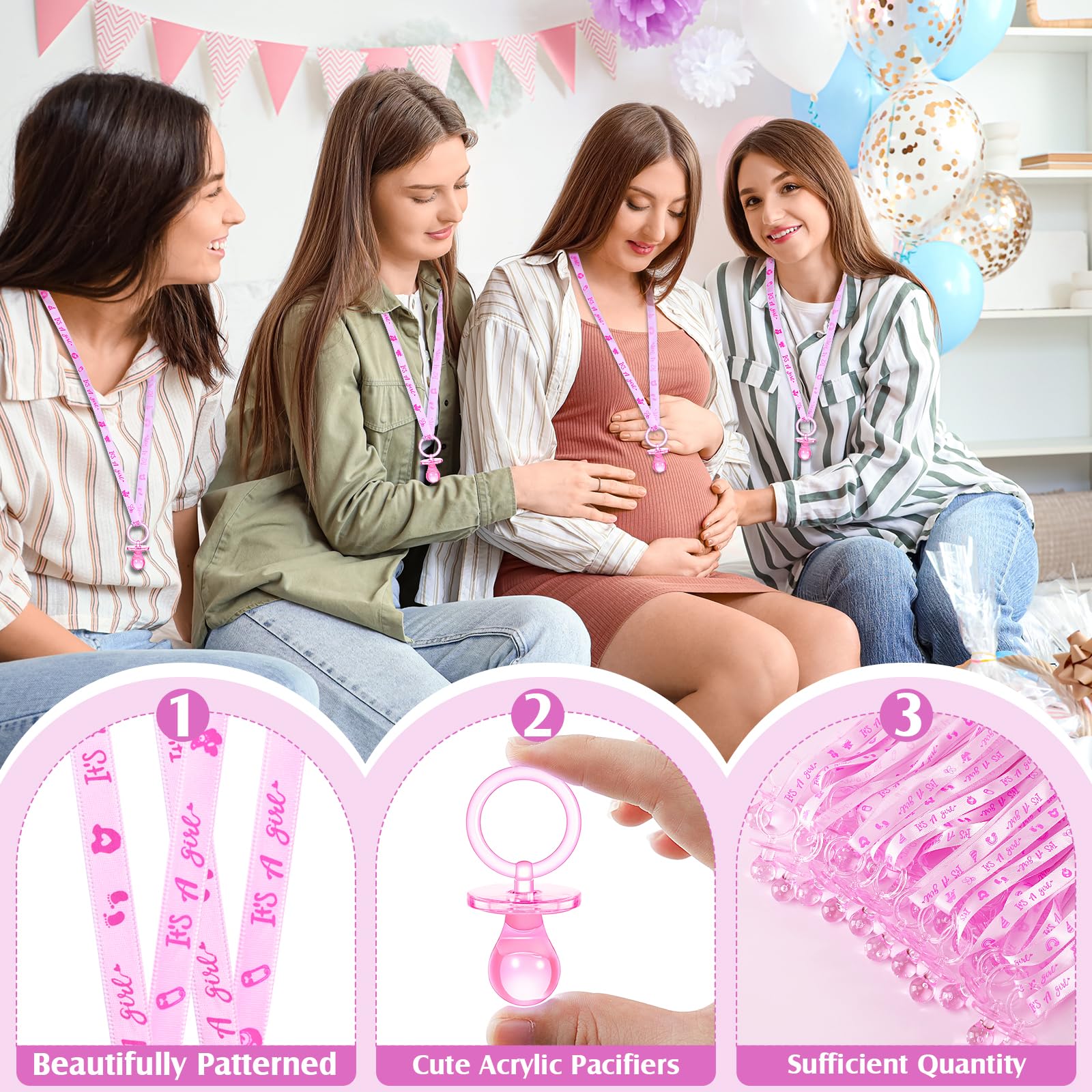 ZYFLSQ pacifier necklaces pink closeup highlighting 2.5-inch acrylic charms for vibrant décor.