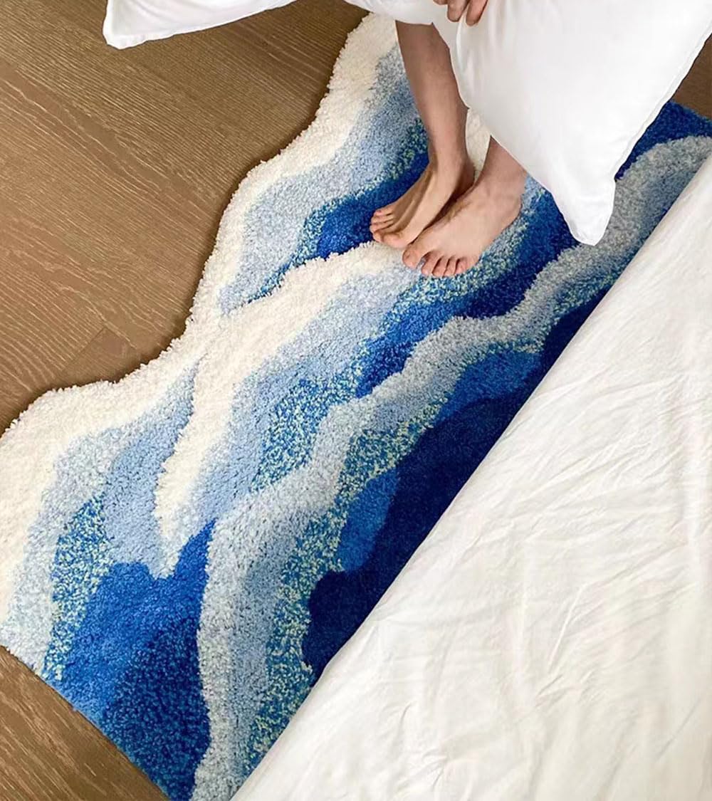 ZYLG blue 3D ocean wave bath mat back features non-slip grip for safer footing.