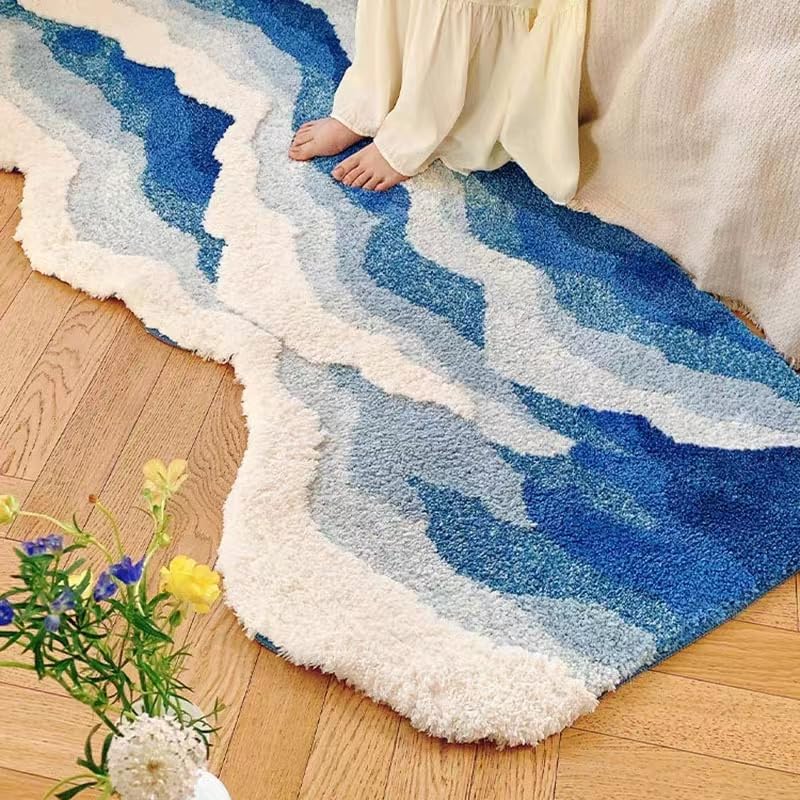 ZYLG blue 3D ocean wave bath mat wide view shows soft microfiber texture for comfort.