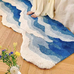 ZYLG blue 3D ocean wave bath mat wide view shows soft microfiber texture for comfort.
