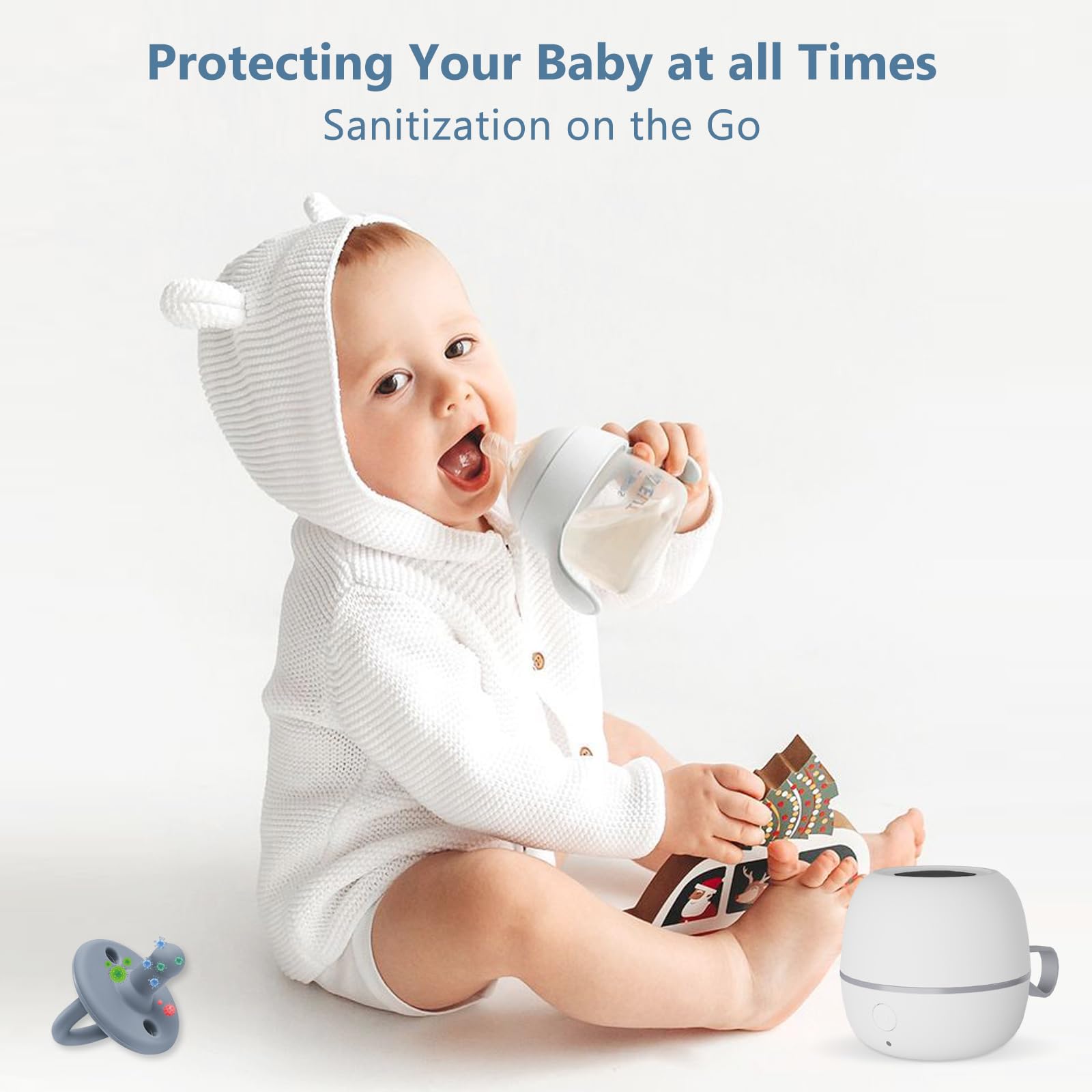Zyntieu pacifier sanitizer in a diaper bag ready for travel