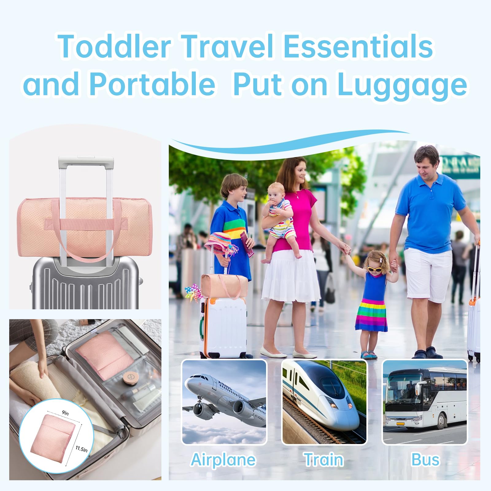 Zyphoria Toddler Airplane Bed pink packing-01 demonstrates luggage strap-friendly design.