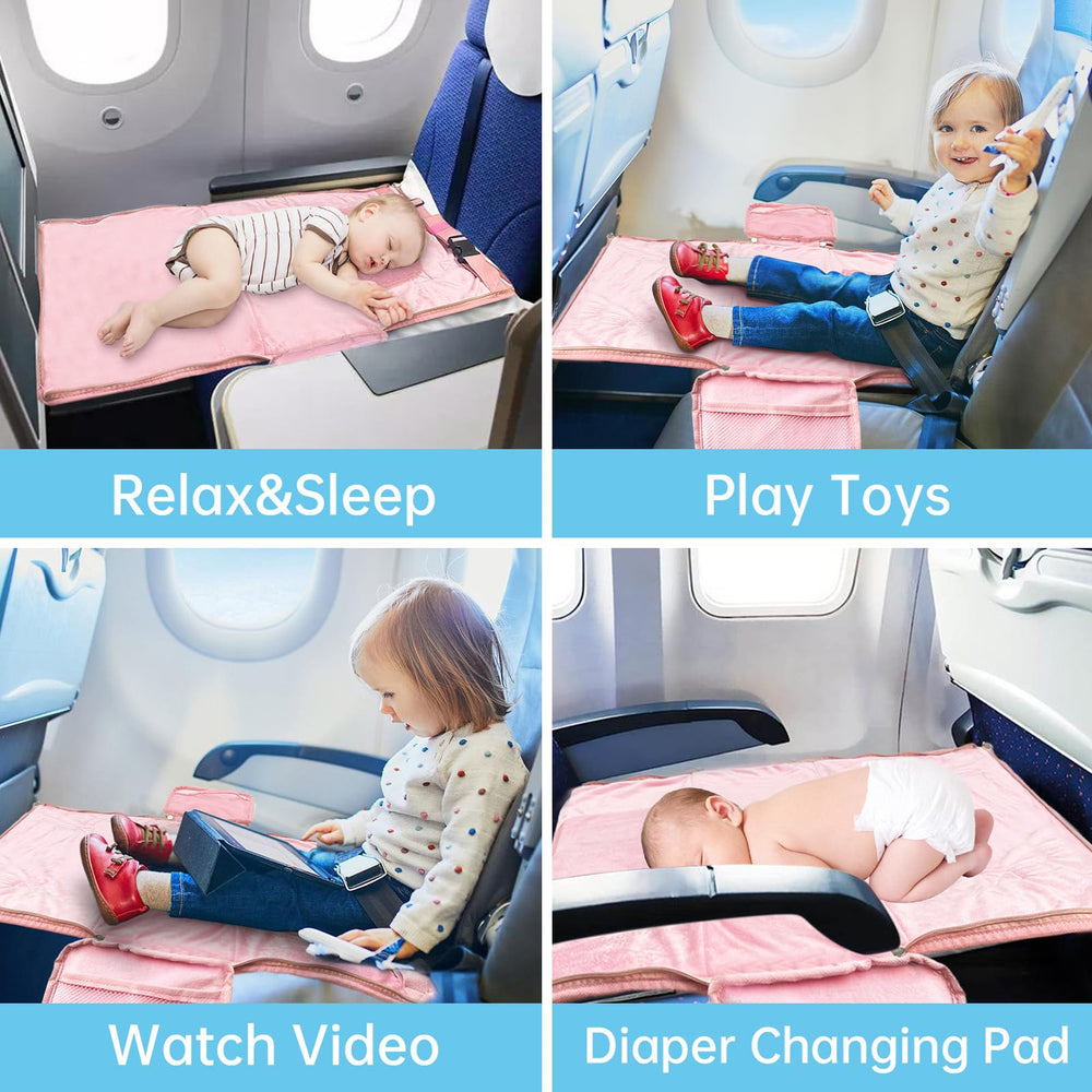 Zyphoria Toddler Airplane Bed pink usage-02 demonstrates comfortable travel hammock in-flight.