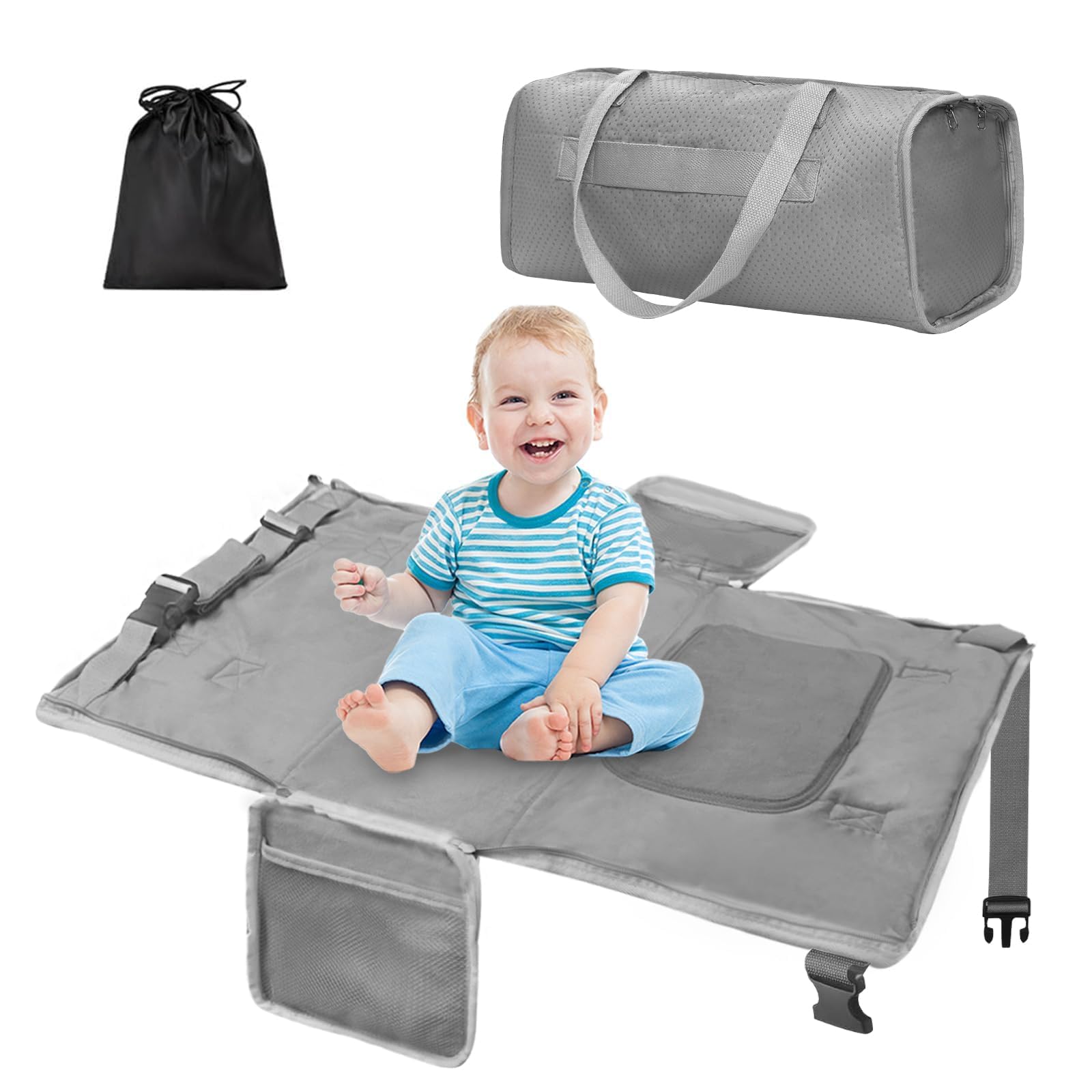 Zyphoria toddler airplane bed setup shows compact travel bed extending space for comfortable travel